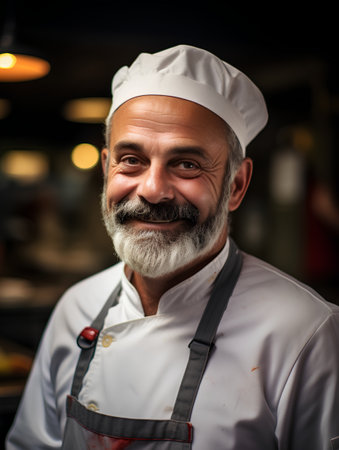 Portrait of a senior male chef smiling in a restaurant kitchen.の素材