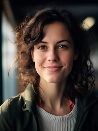 Portrait of a beautiful young woman with curly hair in a cafeの素材