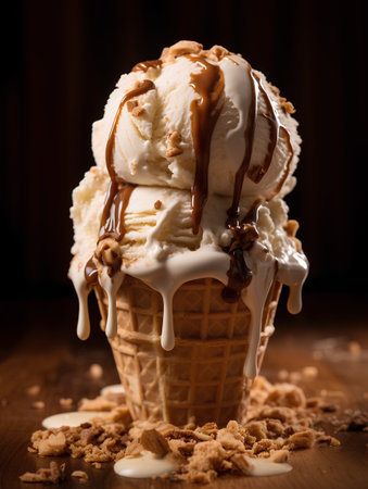 ice cream in waffle cone with caramel and nuts on wooden backgroundの素材
