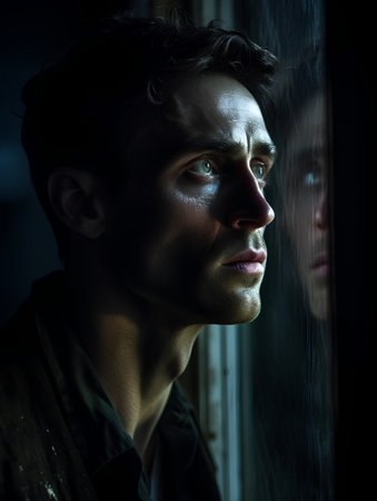 Sad young man looking through the window in the dark, dramatic portraitの素材