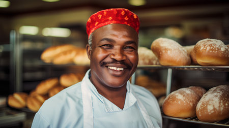 Portrait of happy African American baker standing in bakery and smiling at cameraの素材