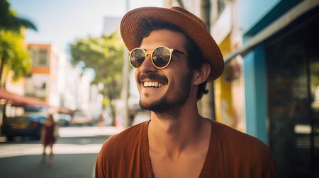 Portrait of a handsome young man in hat and sunglasses on the street.の素材