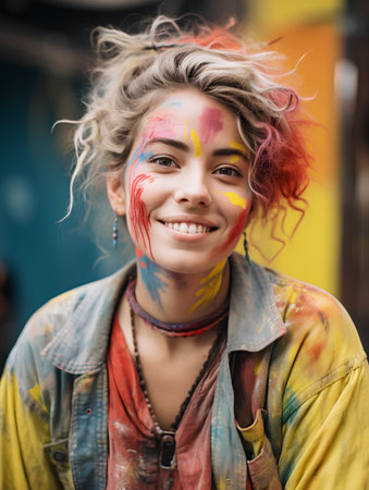 Portrait of a young woman with face painted in the colors of the rainbowの素材
