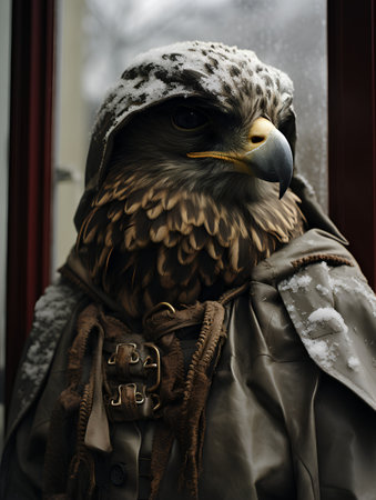 A portrait of a golden eagle in a coat with a hood.の素材