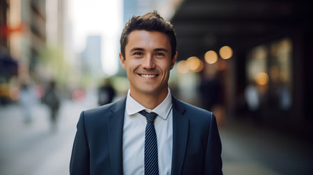 Portrait of a smiling young businessman in a business suit on the streetの素材
