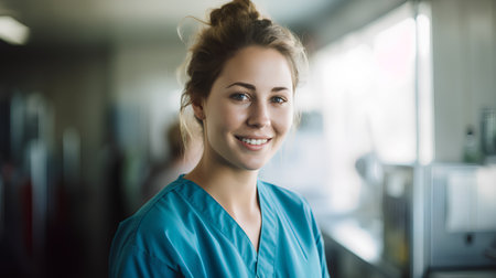 Portrait of smiling female nurse standing in hospital corridor. Focus on womanの素材