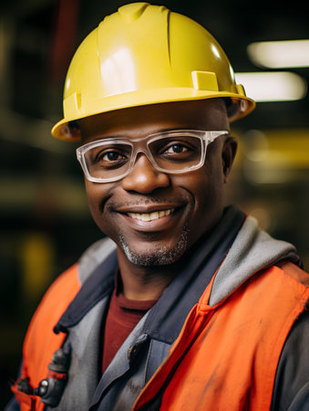 Portrait of smiling African-American male worker in hardhat at factoryの素材