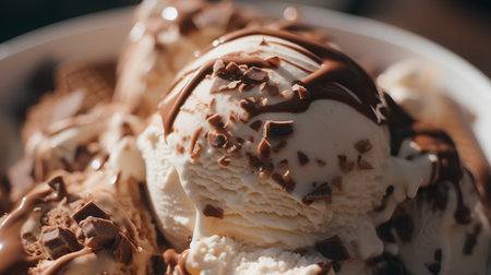 Close up of ice cream with chocolate and vanilla, selective focus.の素材