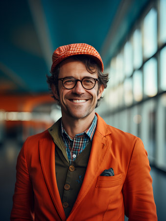Portrait of a handsome man in a red jacket and hat.の素材