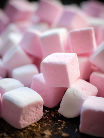 pink and white marshmallows on a black background. tinting. selective focusの素材