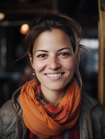 Portrait of a young woman with orange scarf in the city.の素材
