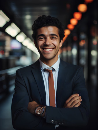 Portrait of a smiling young businessman standing with his arms crossed in an officeの素材