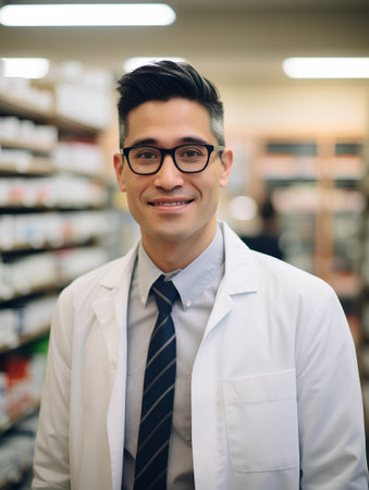 Portrait of smiling male pharmacist standing in drugstore, looking at cameraの素材