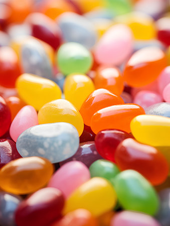 Colorful jelly beans background. Shallow depth of field. Focus on foreground.の素材