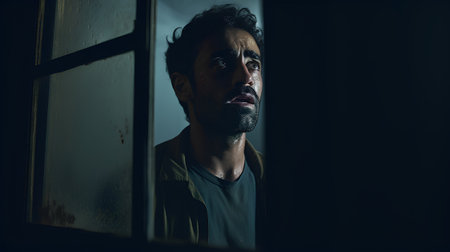Portrait of a sad and depressed man standing in front of a window in a dark roomの素材