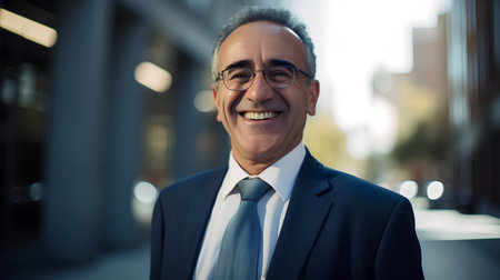 Portrait of smiling mature businessman in suit and eyeglasses outdoorsの素材
