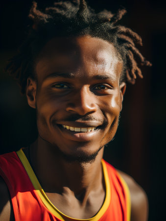 Portrait of african american man with dreadlocks smiling at cameraの素材