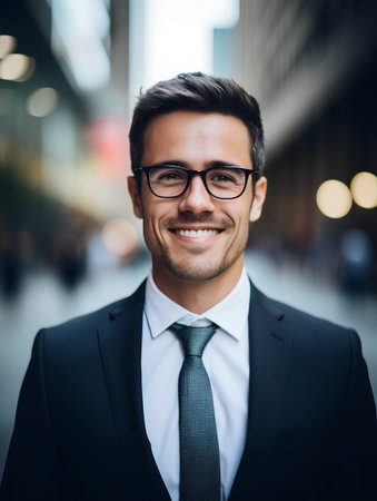 Portrait of a handsome young businessman with eyeglasses in the cityの素材