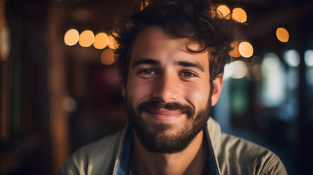 Portrait of handsome young man with beard and mustache in a pub.の素材