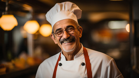 Portrait of a senior male chef wearing apron and smiling at the cameraの素材