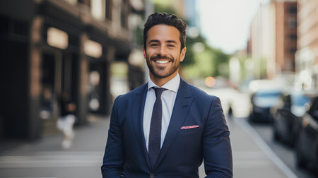 Handsome businessman in suit is walking along the street and smiling.の素材
