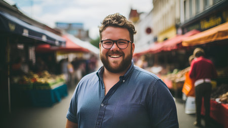Portrait of a handsome bearded man with eyeglasses at the street market.の素材