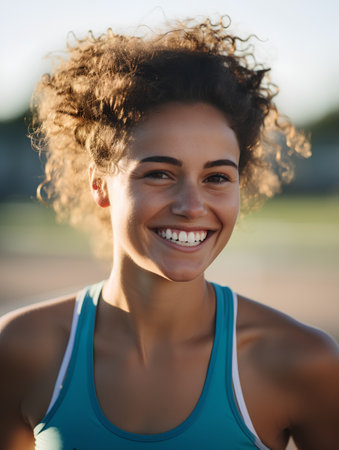 Portrait of a young woman in sportswear smiling at cameraの素材