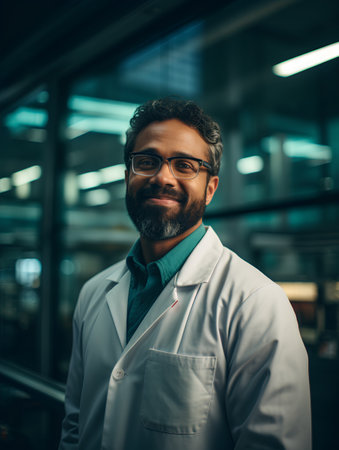 Portrait of a smiling Indian male doctor in a white coat and glasses.の素材