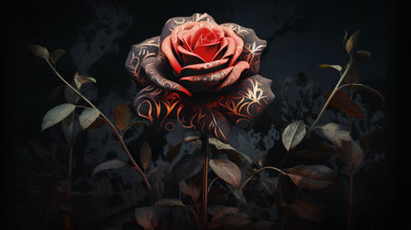 Tattooed rose on a dark background. Toned.の素材