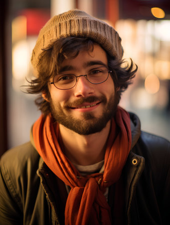 Portrait of a handsome young man wearing glasses and a warm hat.の素材