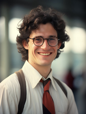 Portrait of a smiling young man with glasses and a red tieの素材