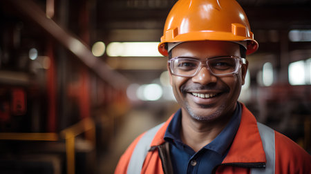 Portrait of happy African American worker in hardhat smiling at camera in factoryの素材