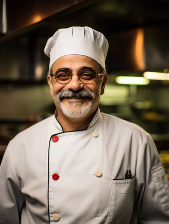 Portrait of a senior Indian chef in the kitchen of a restaurantの素材