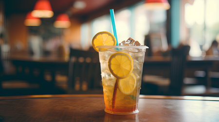Iced lemonade in a glass on a wooden table in a cafeの素材