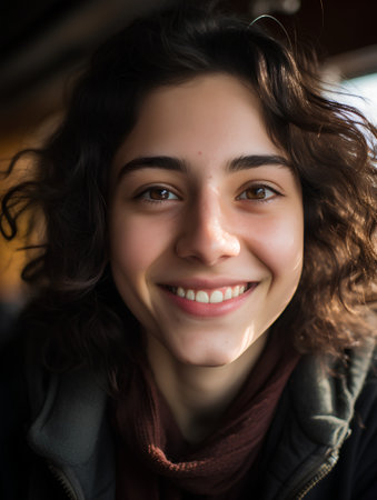 Portrait of a beautiful young woman with curly hair in a busの素材