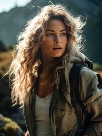 Outdoor portrait of beautiful young woman with curly hair, wearing gray jacket and backpack.の素材