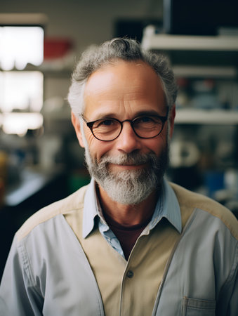 Portrait of senior man with grey beard and eyeglasses in cafeの素材
