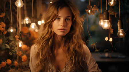 Portrait of a beautiful young woman with long wavy hair.の素材
