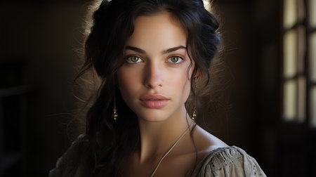 Portrait of young beautiful woman with long curly hair and green eyesの素材