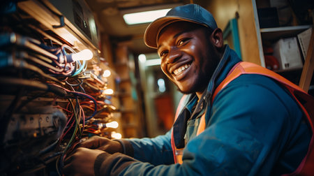 Smiling african american electrician in uniform repairing electrical panel in workshopの素材