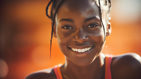 Portrait of smiling african american woman in sportswearの素材