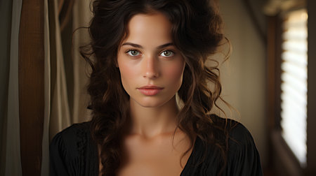 Portrait of beautiful young woman with long curly hair looking at cameraの素材
