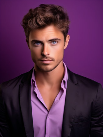 Portrait of a handsome young man over purple background. Men's beauty, fashion.の素材