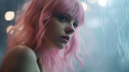 Close-up portrait of beautiful girl with pink hair in the bathroomの素材