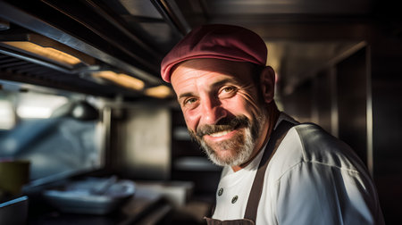 Chef in restaurant kitchen. Portrait of a bearded Caucasian male cook in a professional uniform.の素材