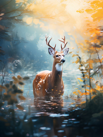 Deer in the forest during the fall season. 3d renderingの素材