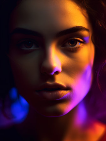 Portrait of a beautiful girl in neon light. Close-up.の素材