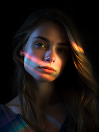 Portrait of a beautiful young woman with neon lights on her face.の素材