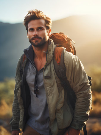 Handsome young man with backpack hiking in the mountains at sunset.の素材