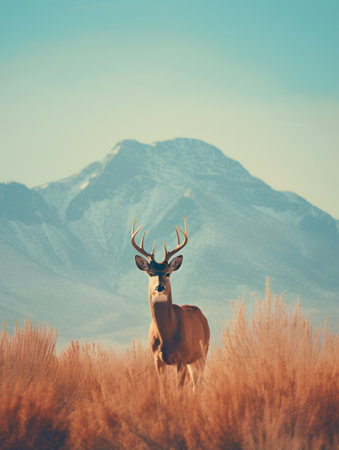 Mule Deer Buck in the Fall Rut with Mountains in the Backgroundの素材